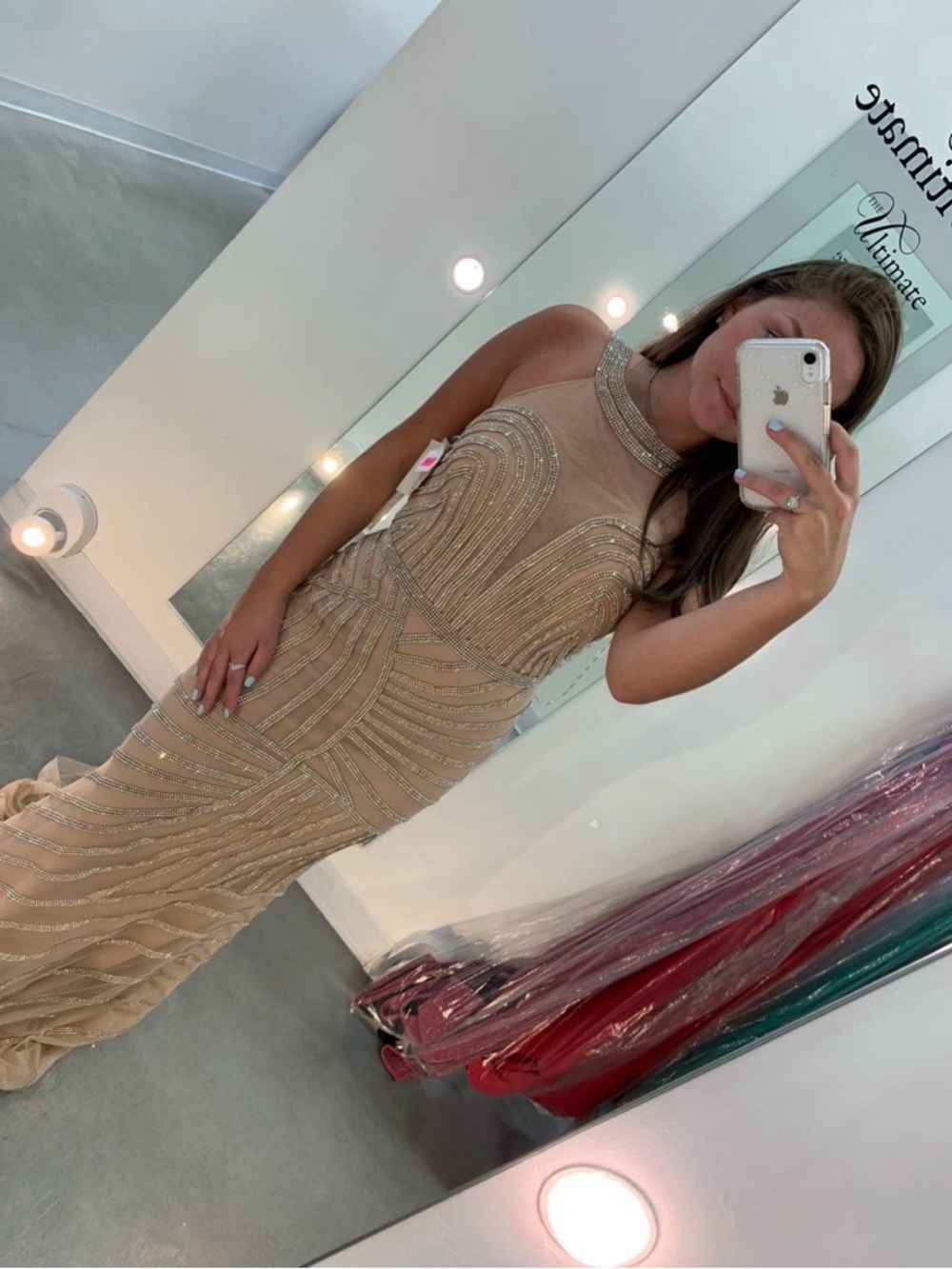 Beaded Nude Prom Gown with High Neckline